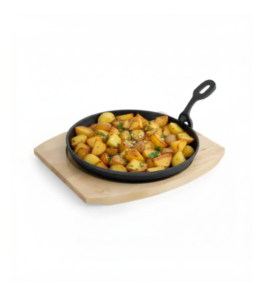 Cast iron serving pan, round �22 cm, 1 handle and wooden trivet